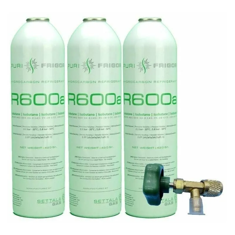 3 bottiglie di gas refrigerante R600 + valvola isobutane da 420gr