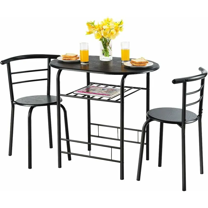  3 pezzi Set da Pranzo Set 1 Tavolo e 2 Sedie da Cucina, in Metallo e MDF, Moderno ed Elegante (Nero)