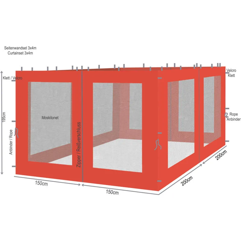 4 Pannelli laterali con zanzariera 300/400x195cm Arancione-Rosso per Gazebo 3x4m