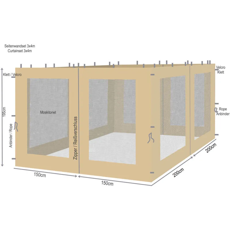 4 Pannelli laterali con zanzariera 300/400x195cm Beige per Gazebo 3x4m