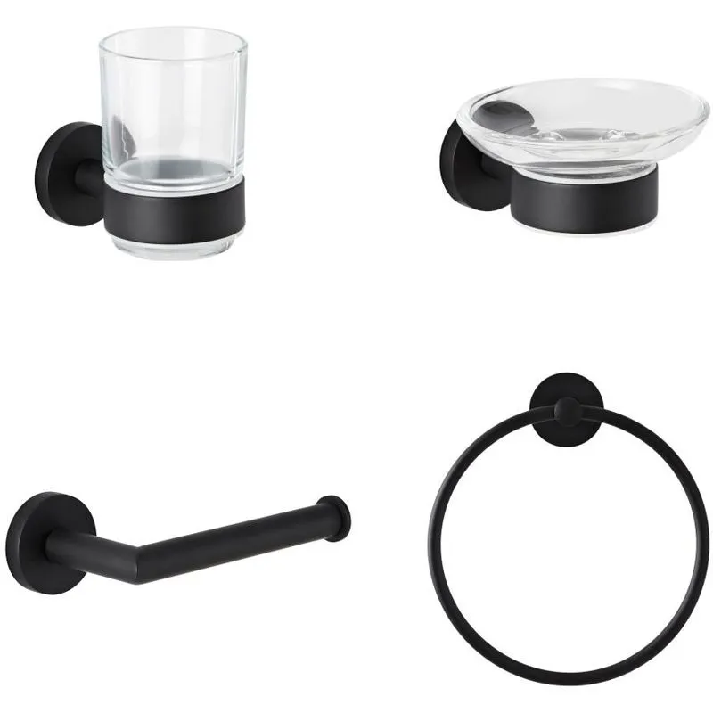 Nox Set di 4 x Accessori da Bagno Contemporanei - Ottone Solido Nero & Vetro - Hudson Reed