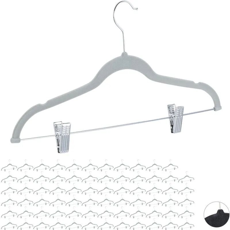 72x Grucce in Velluto con Pinze, Set da 72, Gancio Girevole a 360°, per Pantaloni e Camicie, Antiscivolo, 43 cm, Grigio