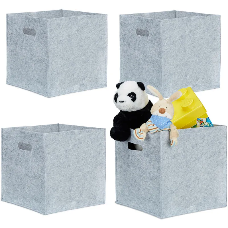 4x Cesto in Feltro Quadrato, HxLxP: 30 x 30 x 30 cm, Portaoggetti Pieghevole, con 2 Aperture per Trasporto, Grigio