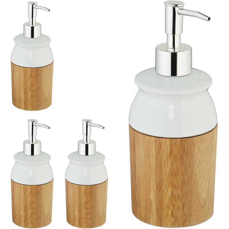 4x Dispenser di Sapone, Ricaricabile con Testa a Pressione, in Bambù & Ceramica, Bagno, 225 ml, Naturale/Bianco