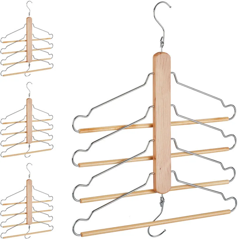 4x Grucce Appendiabiti Multiple, Bastone con 4 Stampelle Mobili, Ganci in Metallo, Legno di Loto, Marrone Chiaro