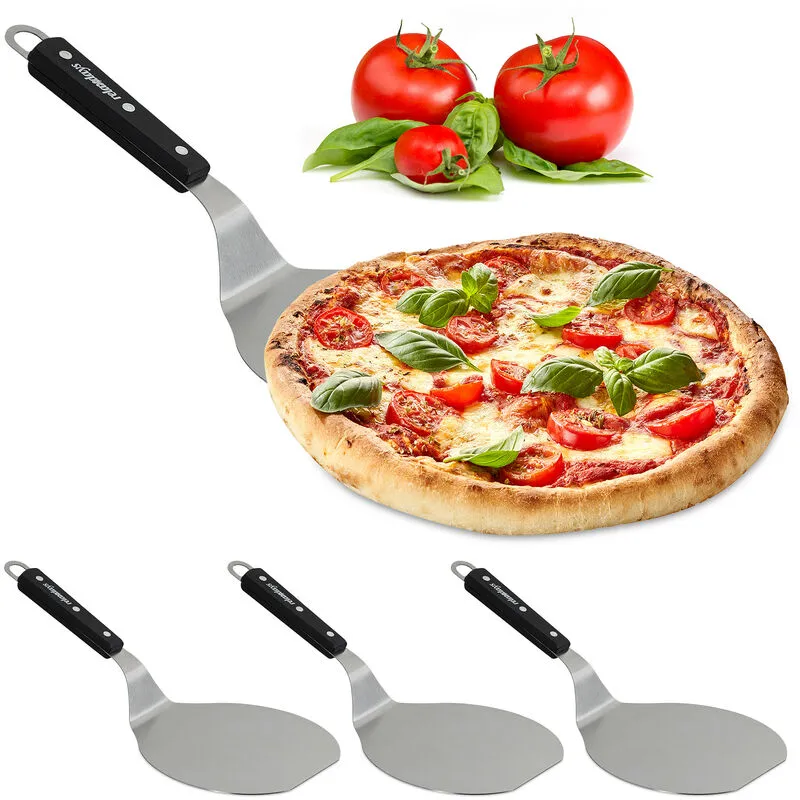 4x Pala per Pizza con Manico in Legno, Rotonda, da Appendere, 16,5x17,5 cm, da Forno, Acciaio Inox, Argento/Nero
