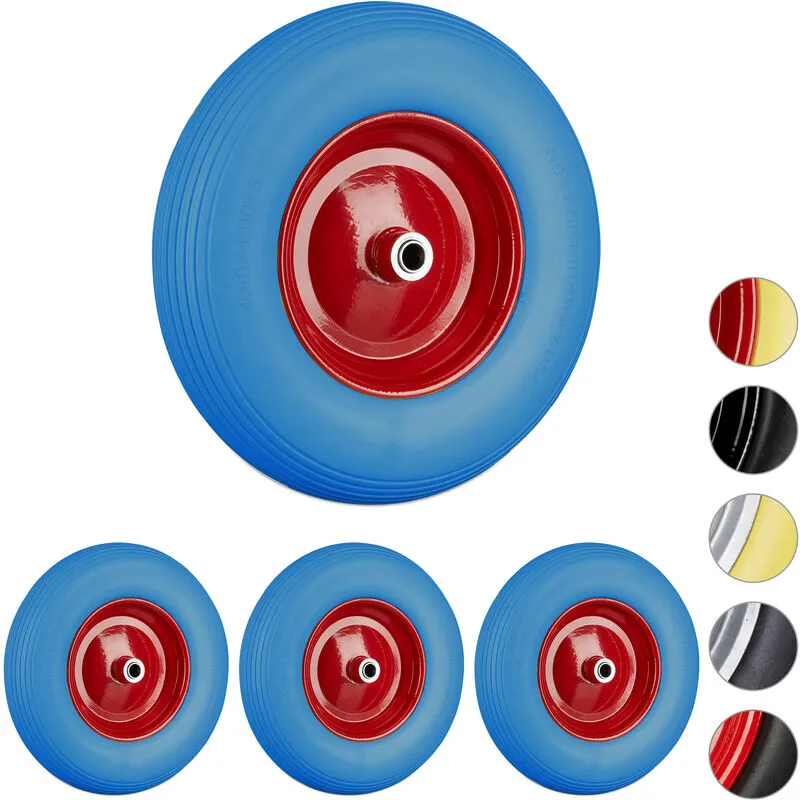 Relaxdays - 4x Ruota per Carriola 4.80 4.00-8 in Gomma Piena Cerchione di Acciaio, Antipanne, Carico max 100 kg, Blu Rosso