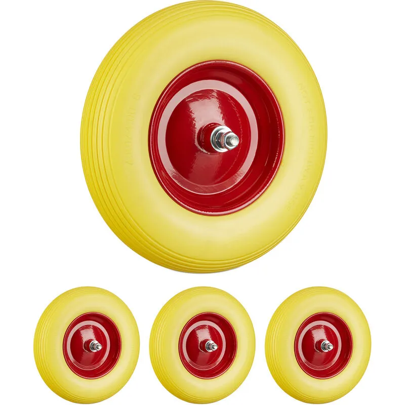 Relaxdays - 4x Ruota per Carriola Gomma Piena con Asse 4.80 4.00-8 di Ricambio, Carico Max 100 kg, Antipanne, Rosso Giallo