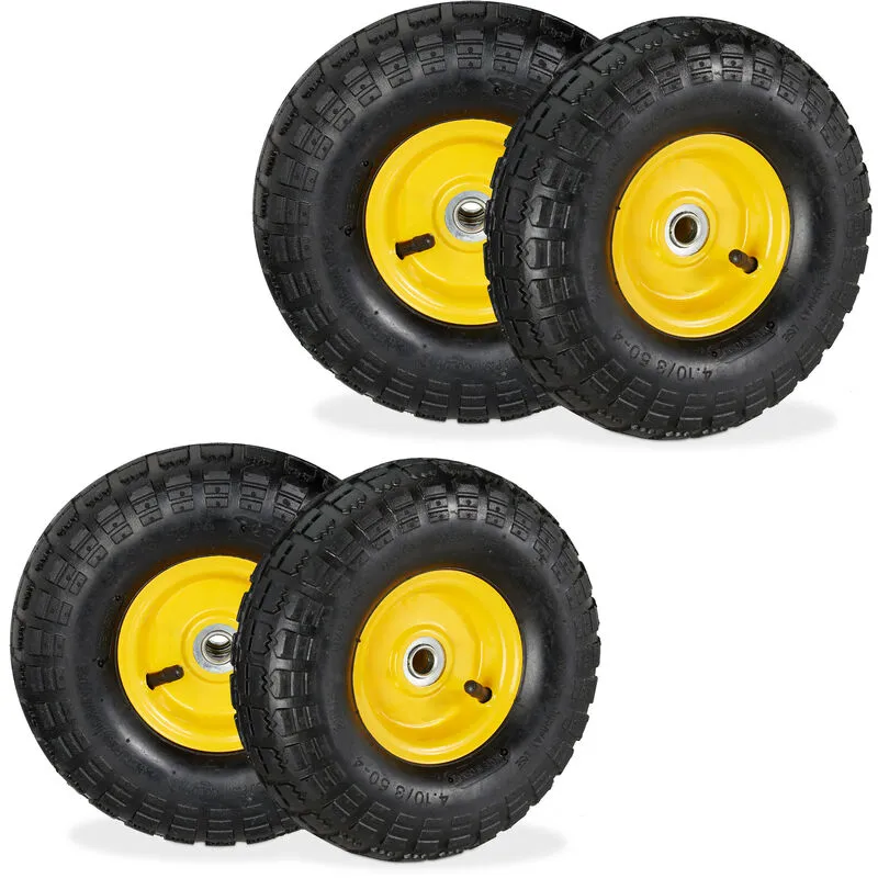 4x Ruote per Carrello 4.1/3.5-4, Gomme di Scorta Carriola, Asse 16 mm, fino 136 kg, 260 x 85 mm, Nero Giallo