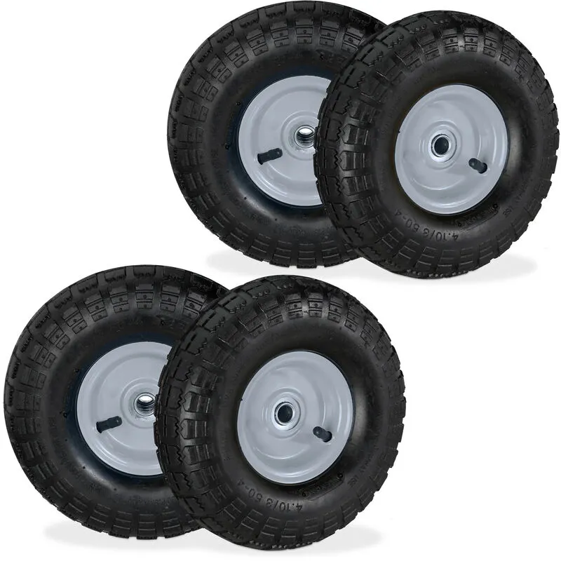 4x Ruote per Carrello 4.1/3.5-4, Gomme di Scorta Carriola, Asse 16 mm, fino 136 kg, 260 x 85 mm, nero-grigio