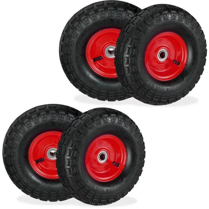 4x Ruote per Carrello 4.1/3.5-4, Gomme di Scorta Carriola, Asse 16 mm, fino 136 kg, 260 x 85 mm, Nero Rosso