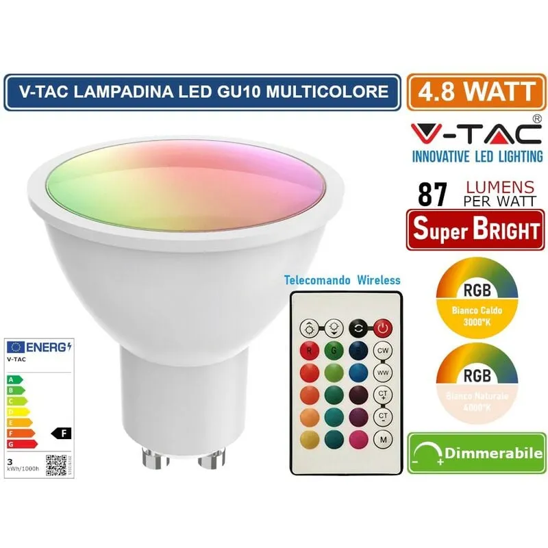 V-tac - smart VT-2244 lampadina led GU10 4.8W faretto spotlight smd rgb+w cct dimmerabile con telecomando - sku 2927 / 2930 - Colore Luce: Bianco