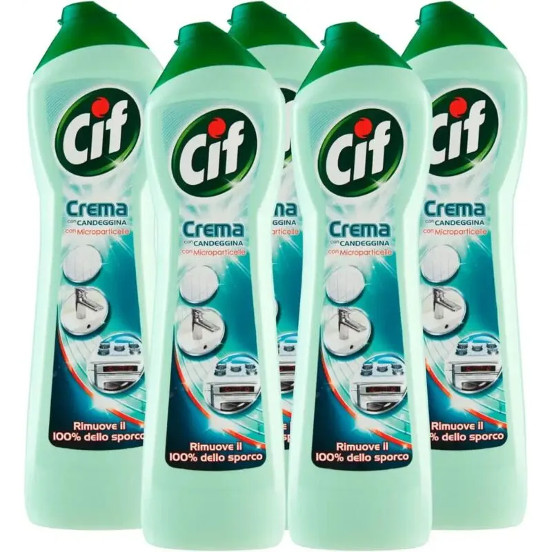 Replood - 5x Cif Detergente in Crema con Candeggina e Microparticelle 5 Flaconi da 500 ml