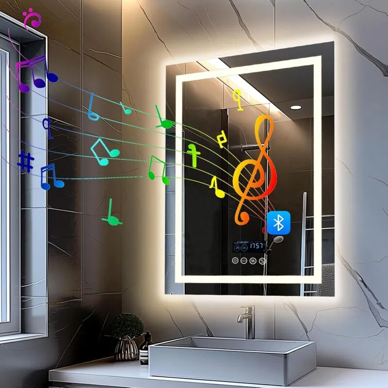 70x90cm Specchio Digitale Bluetooth Musica Bagno LED Luce Specchio Luminoso per Bagno Retroilluminato + Frontale Luce