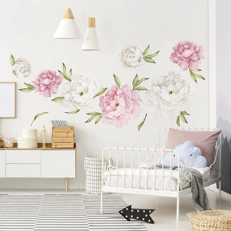 Micasia - Adesivi murali fiori - Set di peonie rosa e bianche - Stickers pareti Dimensione LxH: 60cm x 90cm