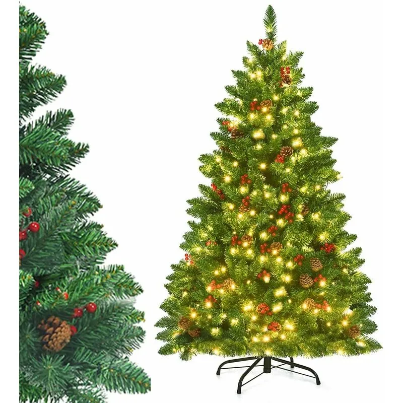 Costway - Albero di Natale da 135/195 cm, Albero di Natale Artificiale con 300/450 Luci led Bianco Caldo, 516/1100 Rami, 32/56 Pigne e 32/56 Bacche