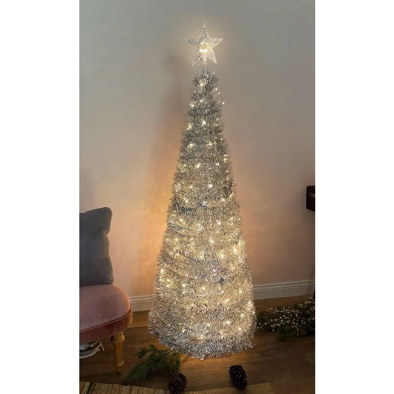 Albero di Natale a spirale 150 cm con 120 led e punta a stella - argento - albero di Natale artificiale illuminato in bianco caldo per esterno ed