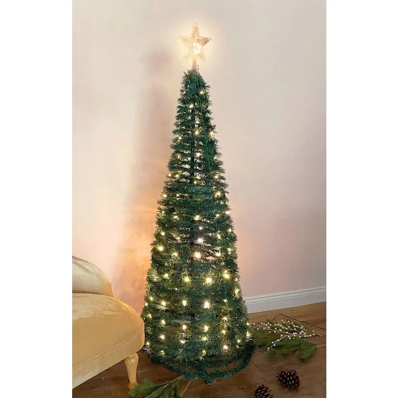 Albero di Natale a spirale 150 cm con 120 led e punta a stella - verde - albero di Natale artificiale illuminato in bianco caldo per esterno ed