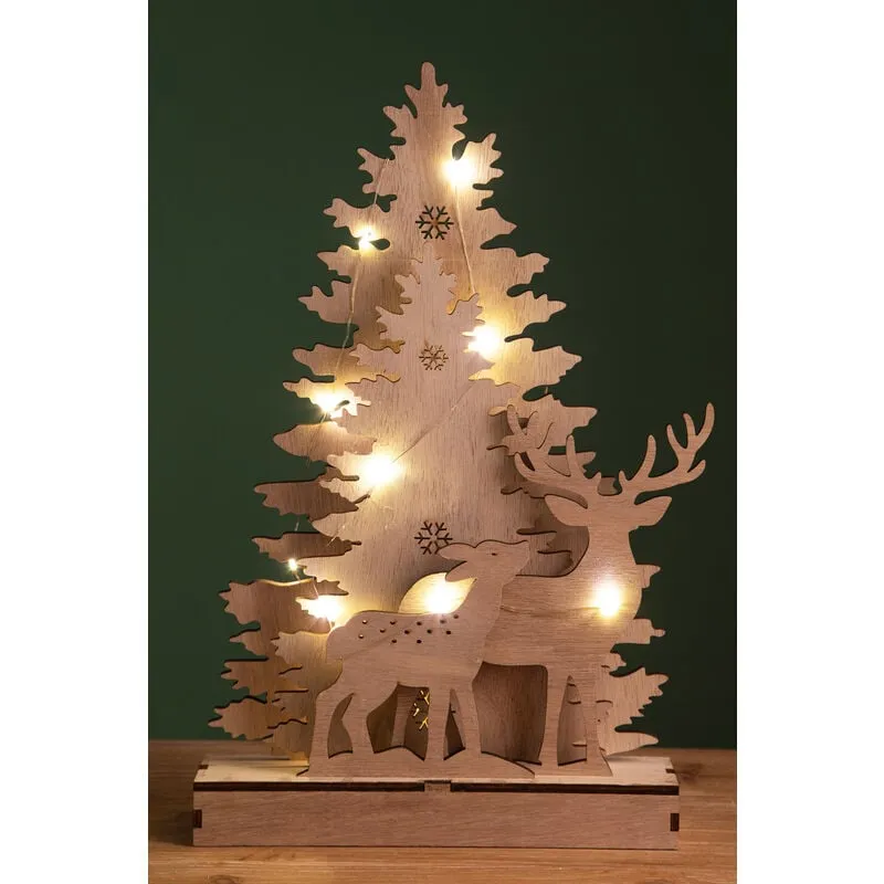 Albero di Natale Abeti con Renne e 15 Luci Led H51 cm in Legno