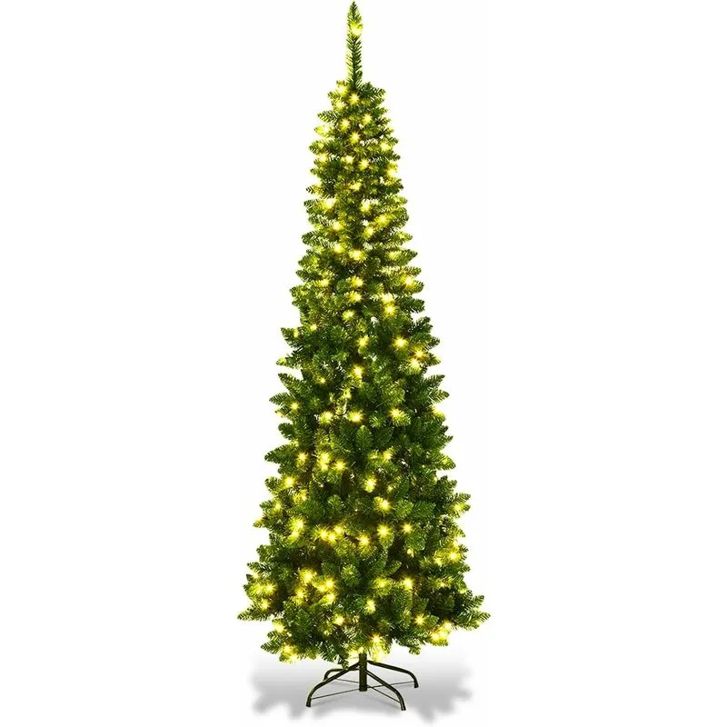 Costway - Albero di Natale 135/200/225 cm, Albero di Natale Slim con 150/250/350 Luci a led Calde, 226/708/1085 Rami Folti e Base di Metallo, Albero