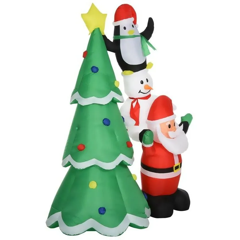 Albero di natale gonfiabile con babbo natale. pupazzo di neve e pinguino