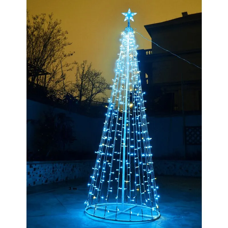  albero decorativo di Natale in metallo a cono altezza 2 metri con 480 luci a led reflex 5 mm Blu con 60 led ad intermittenza bianco ghiaccio