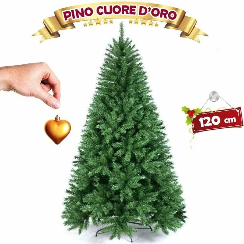 Albero Di Natale 120 Cm Pino Cuore D'oro Verde Folto 265 Rami Base a Croce