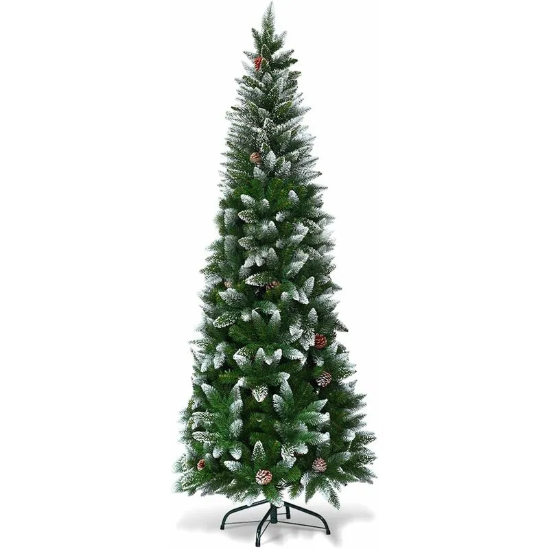 Costway - Albero di Natale Innevato 180/220 cm, Albero di Natale Slim con Pigne, Base di Metallo e Rami Rigogliosi in pvc, Albero di Natale per Casa,