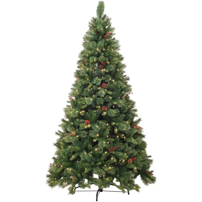 Albero di natale verde cm 210 folto ad ombrello luci led pigne bacche