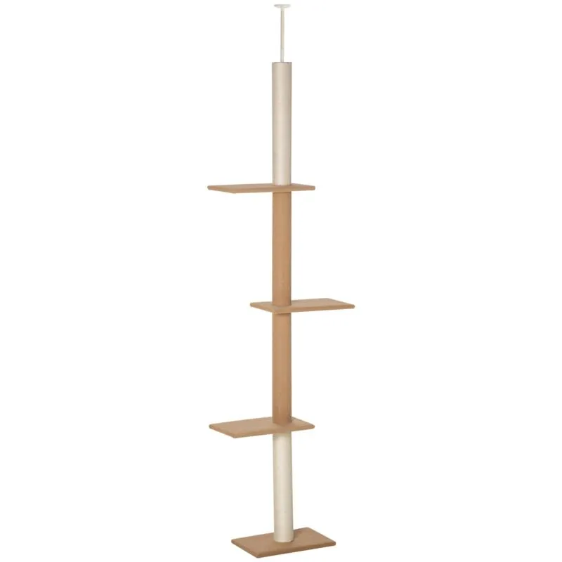 Albero Tiragraffi per Gatti a Soffitto 4 Livelli 43x27x228-260cm Altezza Regolabile Marrone