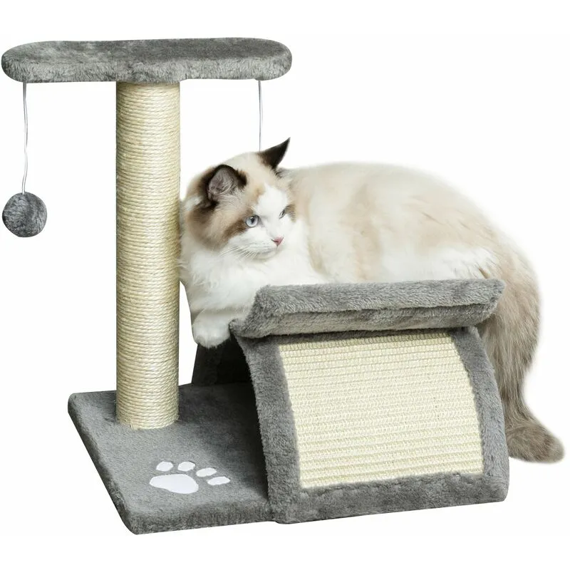 Albero Tiragraffi per Gatti Cuccia e 2 Palline 40x30x43 cm in Peluche con Palo in Sisal Grigio