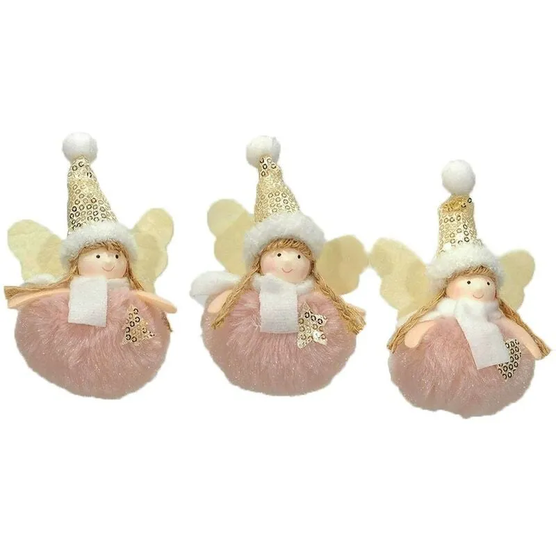 Angelo fatina rosa oro pelliccia pallina addobbi decorazioni per albero di natale 6pz con trecce cappello h 12 cm