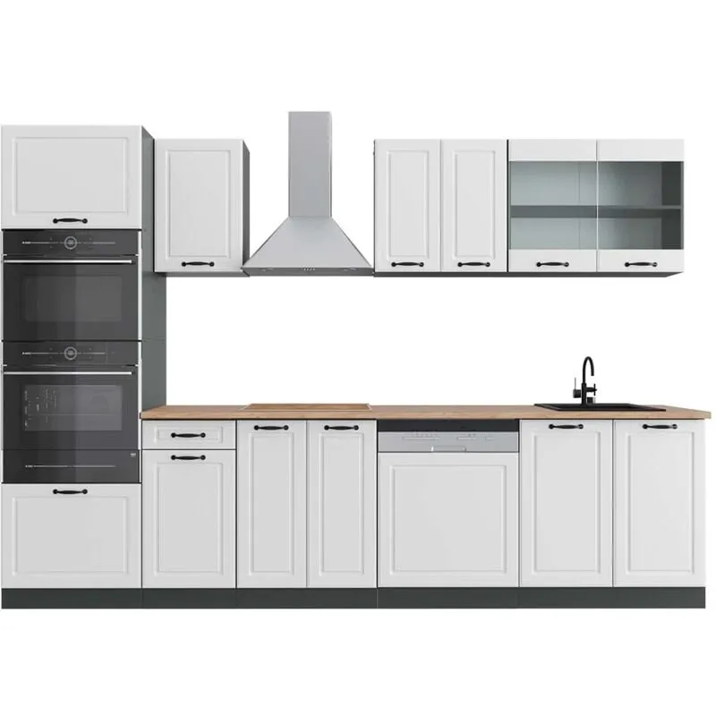  - Cucina componibile R-Line, Bianco casa di campagna/antracite, 300 cm con armadio alto, pl Rovere