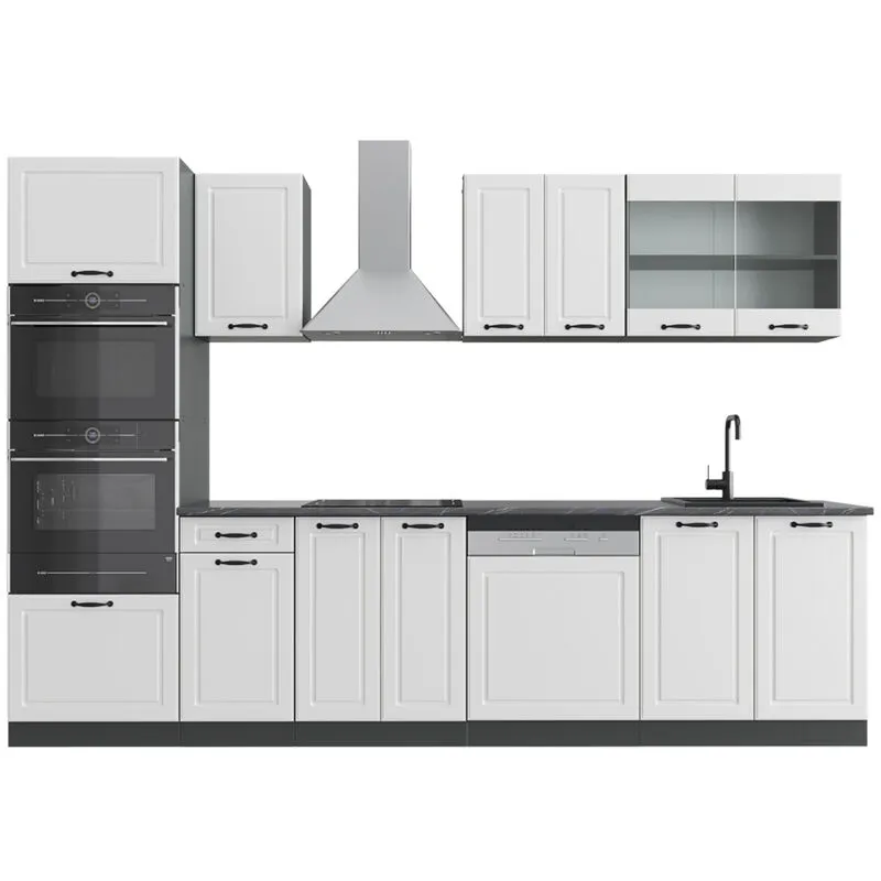  - Cucina componibile R-Line, Bianco casa di campagna/antracite, 300 cm con armadio alto, senza piano di lavoro