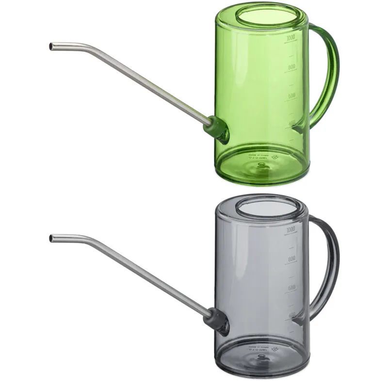 Annaffiatoio per Piante d'Appartamento, in Set da 2, 1 l, Plastica e Acciaio Inox, Collo Lungo, Grigio Verde - Relaxdays