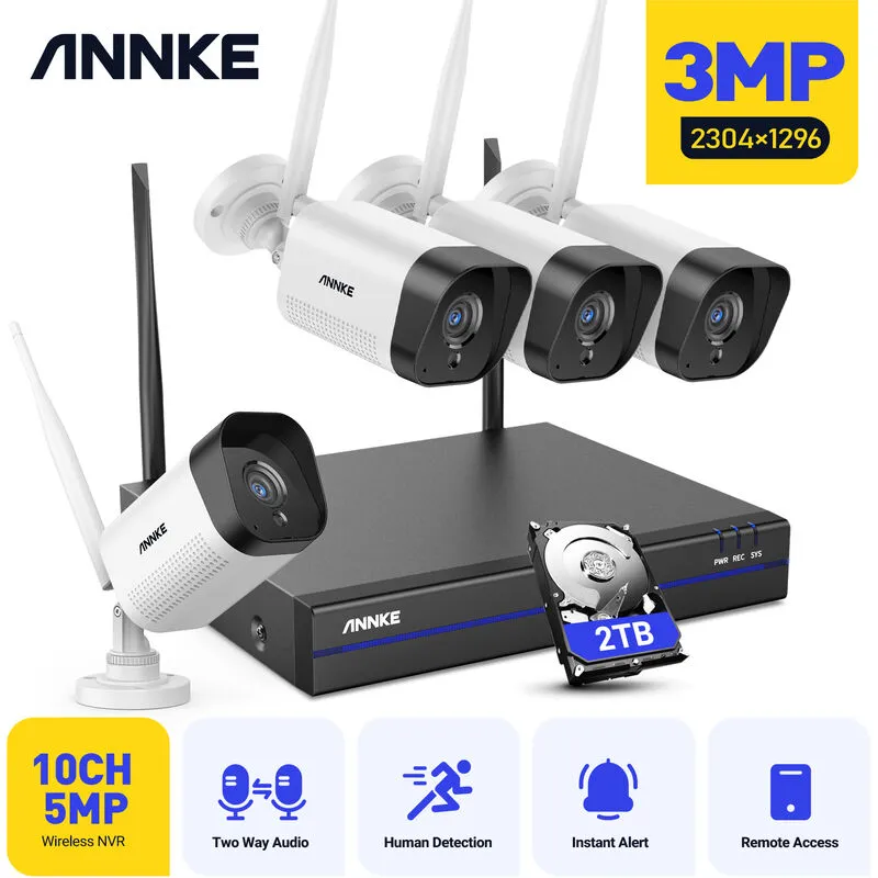 Annke - Kit di Videosorveglianza Wireless,5MP 8CH nvr Sistema di Sicurezza 4×3MP Telecamere IP66 - 2TB hdd