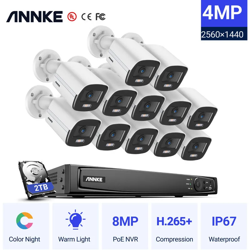 Annke - Sistema 4K Ultra hd PoE nvr con 4MP Super hd Full Color Night Vision H.265+ Telecamera di sicurezza ip Bullet per esterni Kit di
