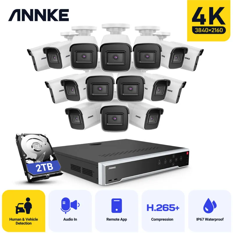 Annke - Sistema di telecamere di sicurezza Bullet 8MP 4K Ultra hd PoE onvif nvr con telecamere ip cablate 12MP 32CH nvr H.265+ per kit di
