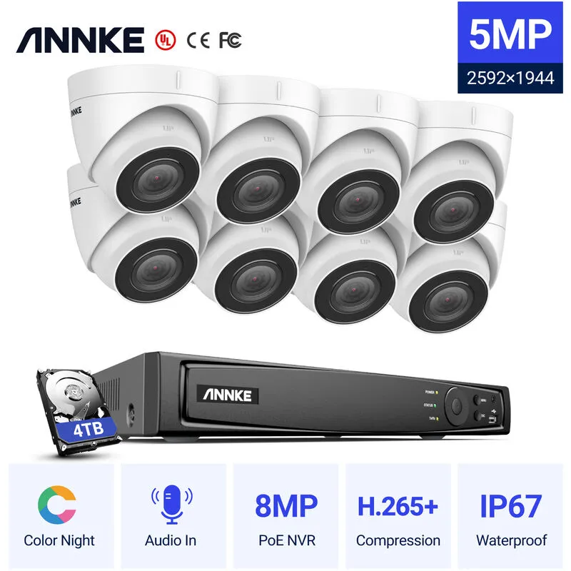 Annke - 5MP PoE ip Security Sistema di telecamere onvif 8MP nvr Visione notturna a colori da 100 piedi per kit di videosorveglianza cctv per interni