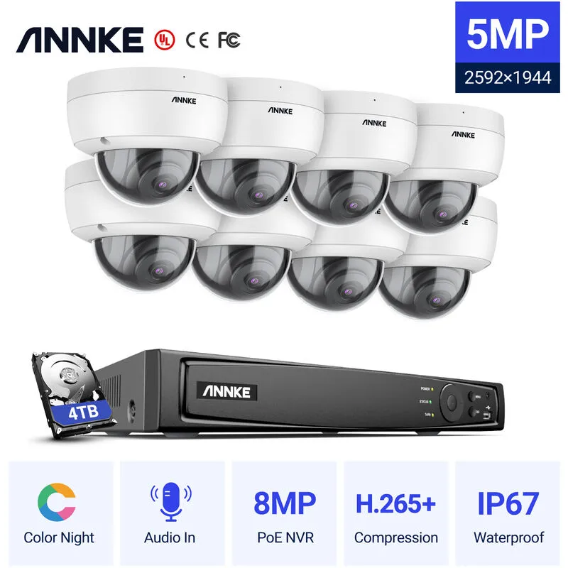 Annke - Sistema di telecamere di sicurezza ip PoE da 5 mp con telecamere onvif dome 16CH 4K nvr Videosorveglianza di visione notturna a colori da 100