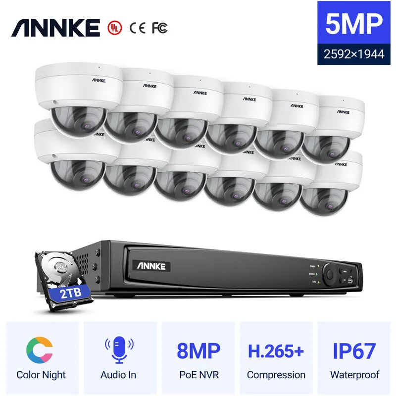 Annke - Sistema di telecamere di sicurezza ip PoE da 5 mp con telecamere onvif dome 16CH 4K nvr Videosorveglianza di visione notturna a colori da 100