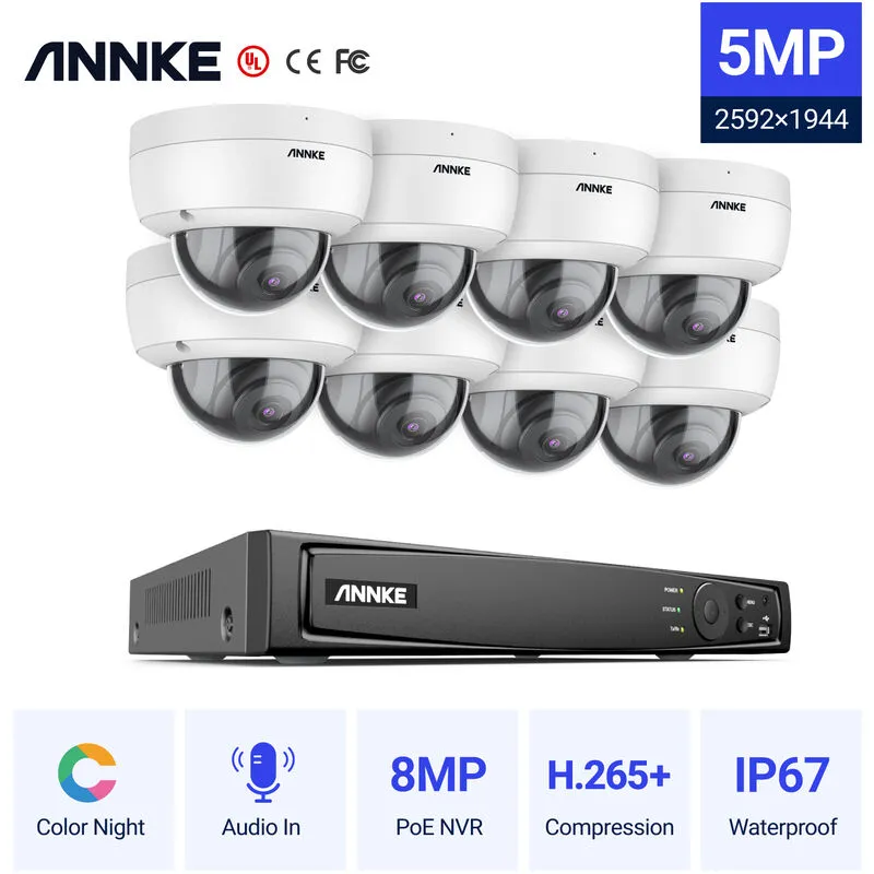  Sistema di telecamere di sicurezza IP PoE da 5 MP con telecamere DOME ONVIF 8CH 4K NVR Visione notturna a colori per kit di videosorveglianza