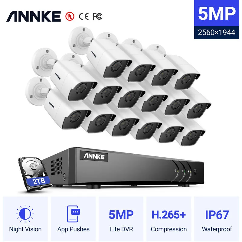 Annke - Sistema di telecamere di sicurezza cctv cablato a 16 canali da 5 mp H.265 Pro dvr con telecamere di sorveglianza da 5 mp per kit di