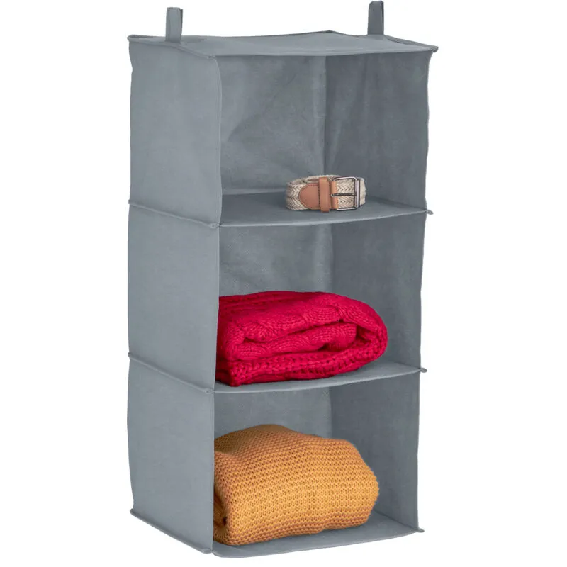 Relaxdays Organizer Armadio da Appendere Salvaspazio, 3 Ripiani, 70x30x30 cm, Inserto Porta Vestiti Campeggio, Grigio