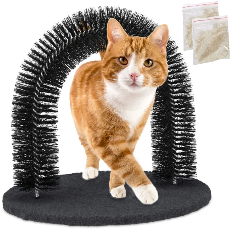 Arco Massaggiatore per Gatti, con Erba Gatta, Spazzola Massaggiante, Cura del Pelo, Cat Scratcher Setole, Nero - Relaxdays