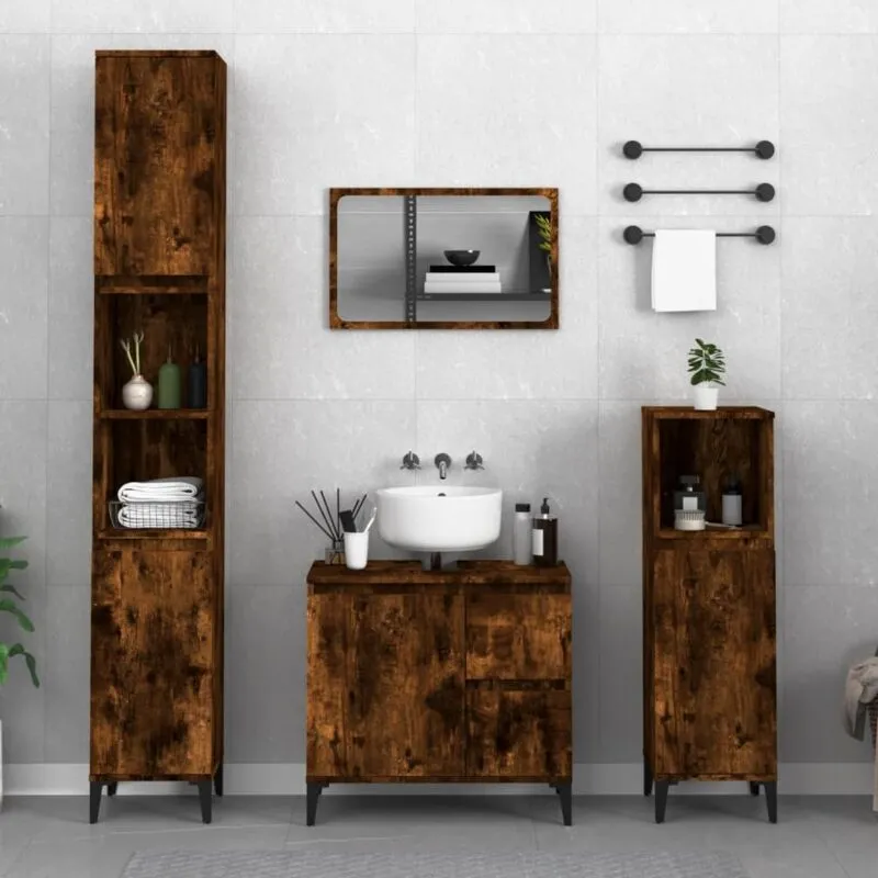 Armadietto Bagno Rovere Fumo 30x30x190 cm in Legno Multistrato - Vidaxl