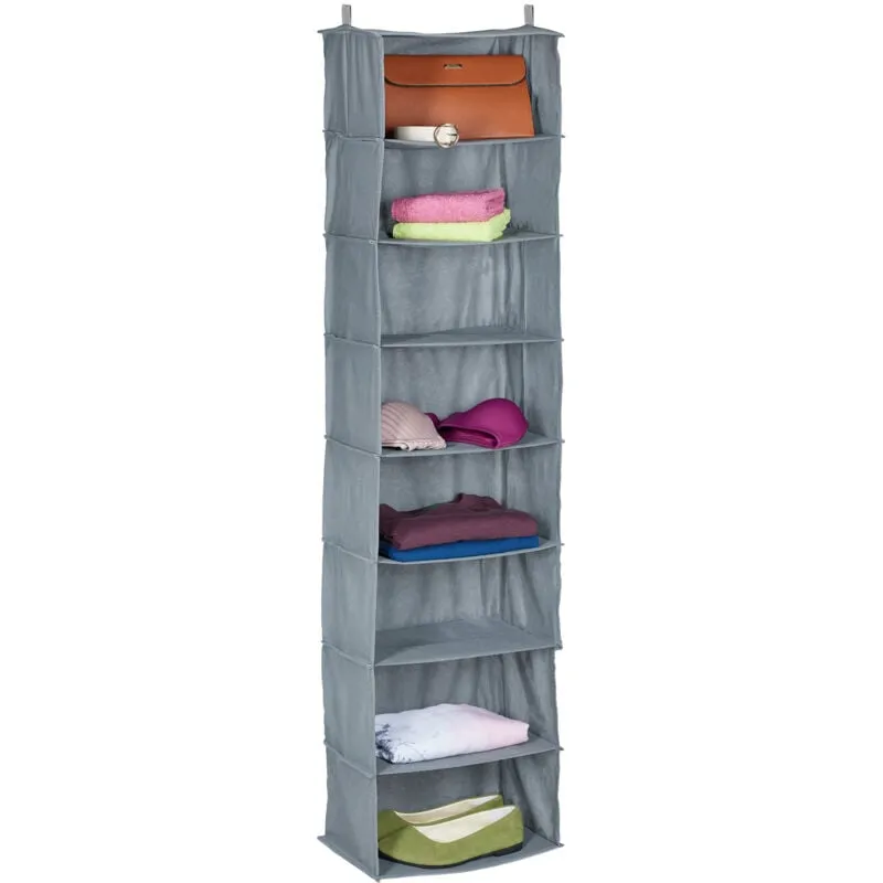 Organizer Armadio da Appendere Salvaspazio, 8 Ripiani, 140x36x20 cm, Inserto Porta Vestiti Campeggio, Grigio - Relaxdays