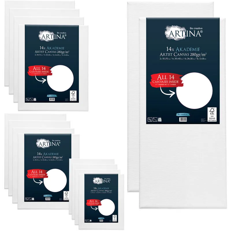 Set da 14 Tele per Pittura 50x70cm 30x40cm 24x30cm e 13x18cm Serie Akademie - 100% Cotone Bianco 280g/m² - Telaio in Legno Certificato fsc® - Artina