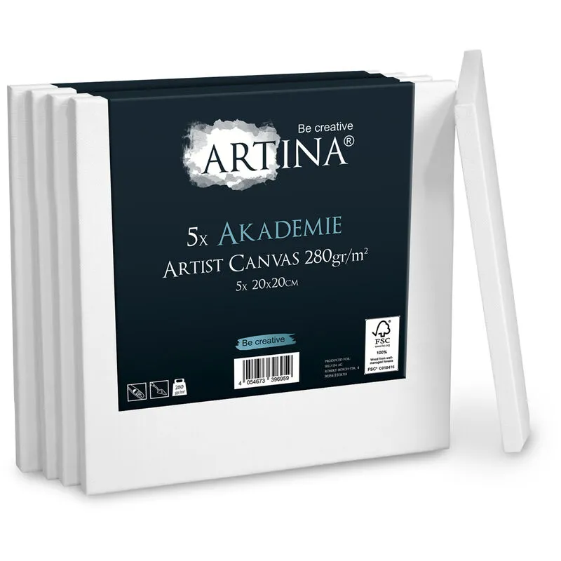 Artina - Set da 5 Tele per Pittura Akademie - 100% Cotone Bianco 280g/m² - Telaio in Legno Certificato fsc® - per dipingere 20x20x1.7 cm