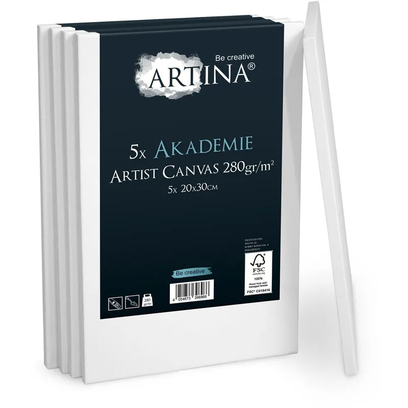 Artina - Set da 5 Tele per Pittura Akademie - 100% Cotone Bianco 280g/m² - Telaio in Legno Certificato fsc® - per dipingere 30x20x8.75 cm